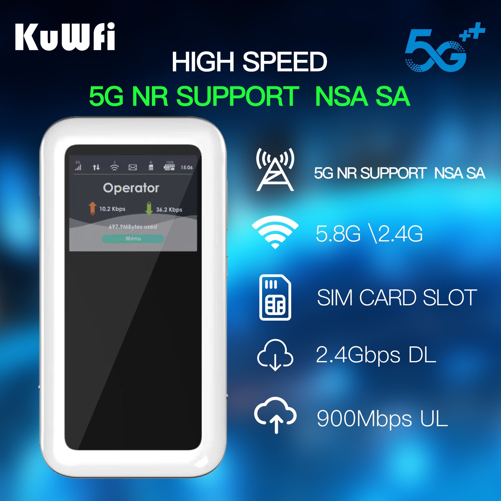 KuWFi M46-e AX1800 5G E-Sim Portable Router 1800 Mbps Speed High Performance Mobile 4500 Mah Battery 5G Mini Wifi Router